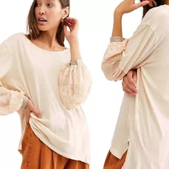 We The Free People Jade Long Sleeve Contrast Print Top S Peach Cream - Picture 2 of 10